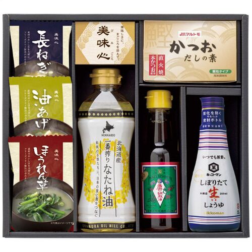 美味心 匠膳の味わい(味噌汁(長ねぎ・油あげ・ほうれん草各1個)・菜種油・しぼりたて生しょうゆ各1本・かつおだしの素1箱・純正胡麻油金口1瓶) SA-BE 1226-027