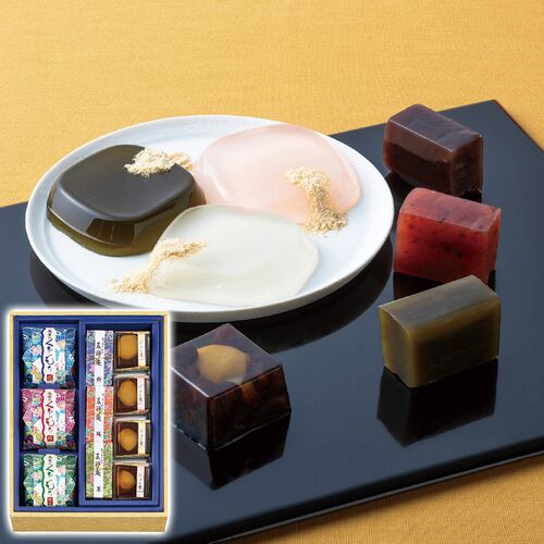 河内駿河屋 花利休 和菓子詰合せ(羊羹(粒・梅・茶)・くずもち(純・桜・抹茶)各1個・のれん栗4個) FR-15 1200-061 / 常温  ようかん ギフト 詰め合わせ セット