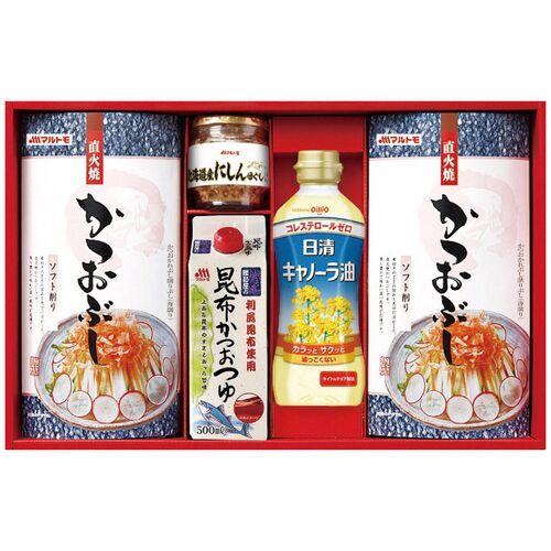 マルトモ かつお節・調味料ギフト（直火焼ソフトパック7袋2箱・昆布かつおつゆ・日清キャノーラ油各1本・にしんほぐし1瓶） CR-30NS 1252-022
